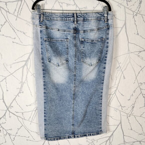 Suzy Shier Two Tone Stretch Denim Front Slit Midi Pencil Skirt - Picture 2 of 3